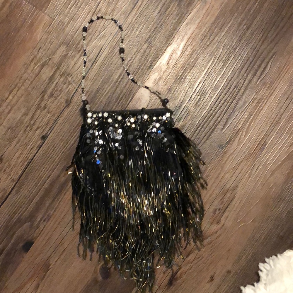 Beaded crystal black fringe evening bag